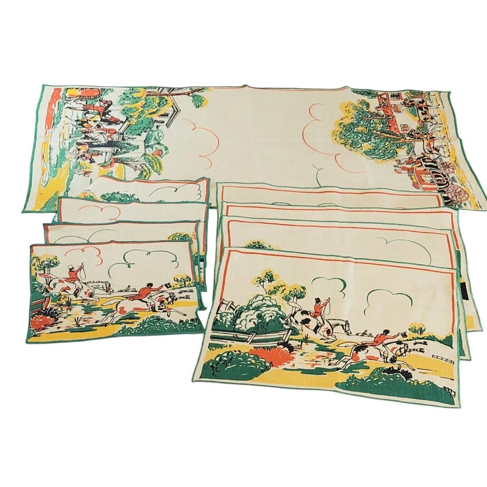 MCM Vtg Equestrian Fox Hunt illustrated set Table Runner  4 Place Mats & Napkins